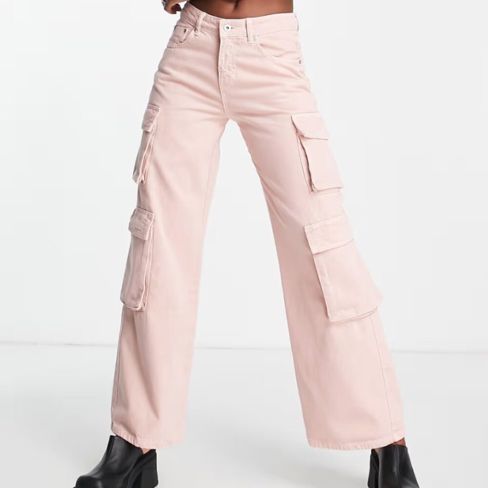 The Ragged Priest wide leg relaxed cargo jeans in baby pink